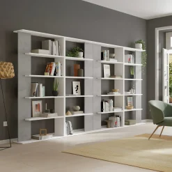 Garnero Arredamenti Librerie Ufficio|Librerie-Libreria da parete 360x180h cm soggiorno bianco opaco cemento Aline Bianco Opaco - Cemento