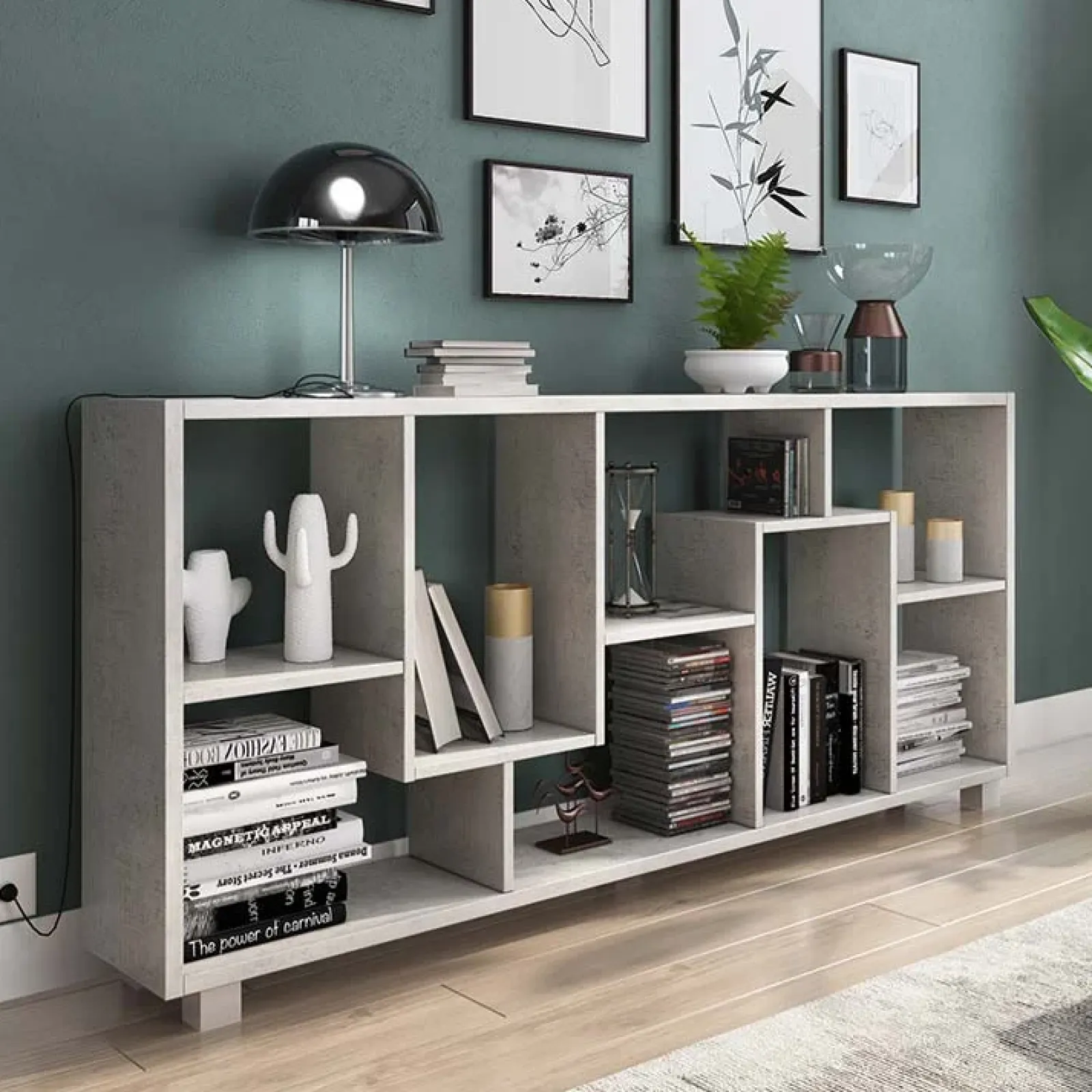 Garnero Arredamenti Librerie Ufficio|Librerie-Libreria orizzontale 156x74h cm moderna soggiorno multiposizione Eliza Cemento