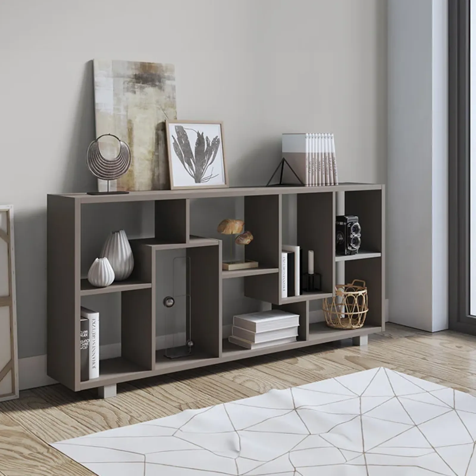 Garnero Arredamenti Librerie Ufficio|Librerie-Libreria orizzontale 156x74h cm moderna soggiorno multiposizione Eliza Grigio