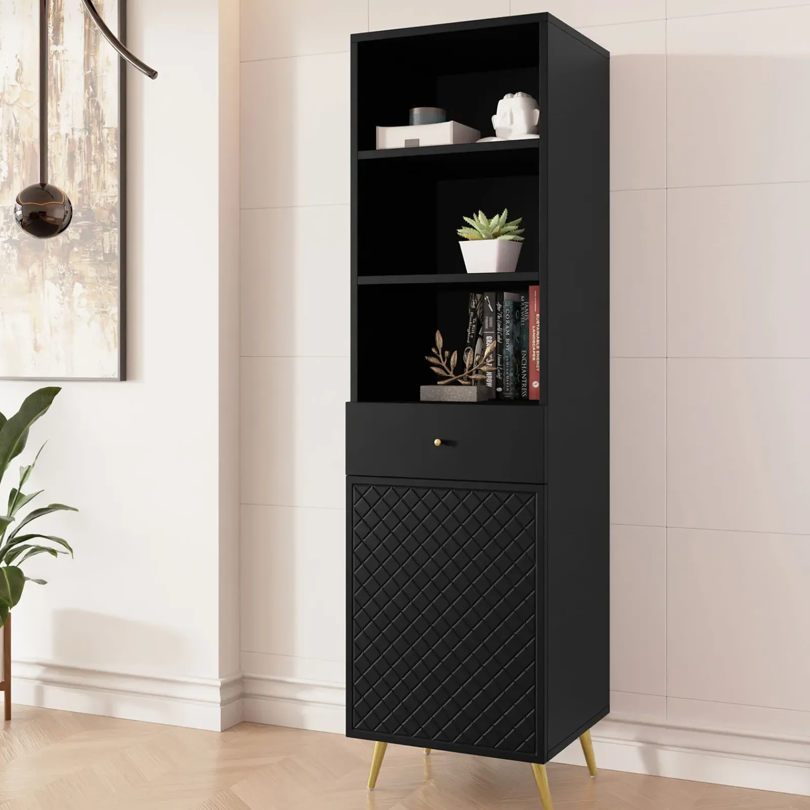 Garnero Arredamenti Librerie|Librerie-Libreria 50x177h cm 1 anta 3 vani 1 cassetto con frontali decorati nero Simona Nero Opaco