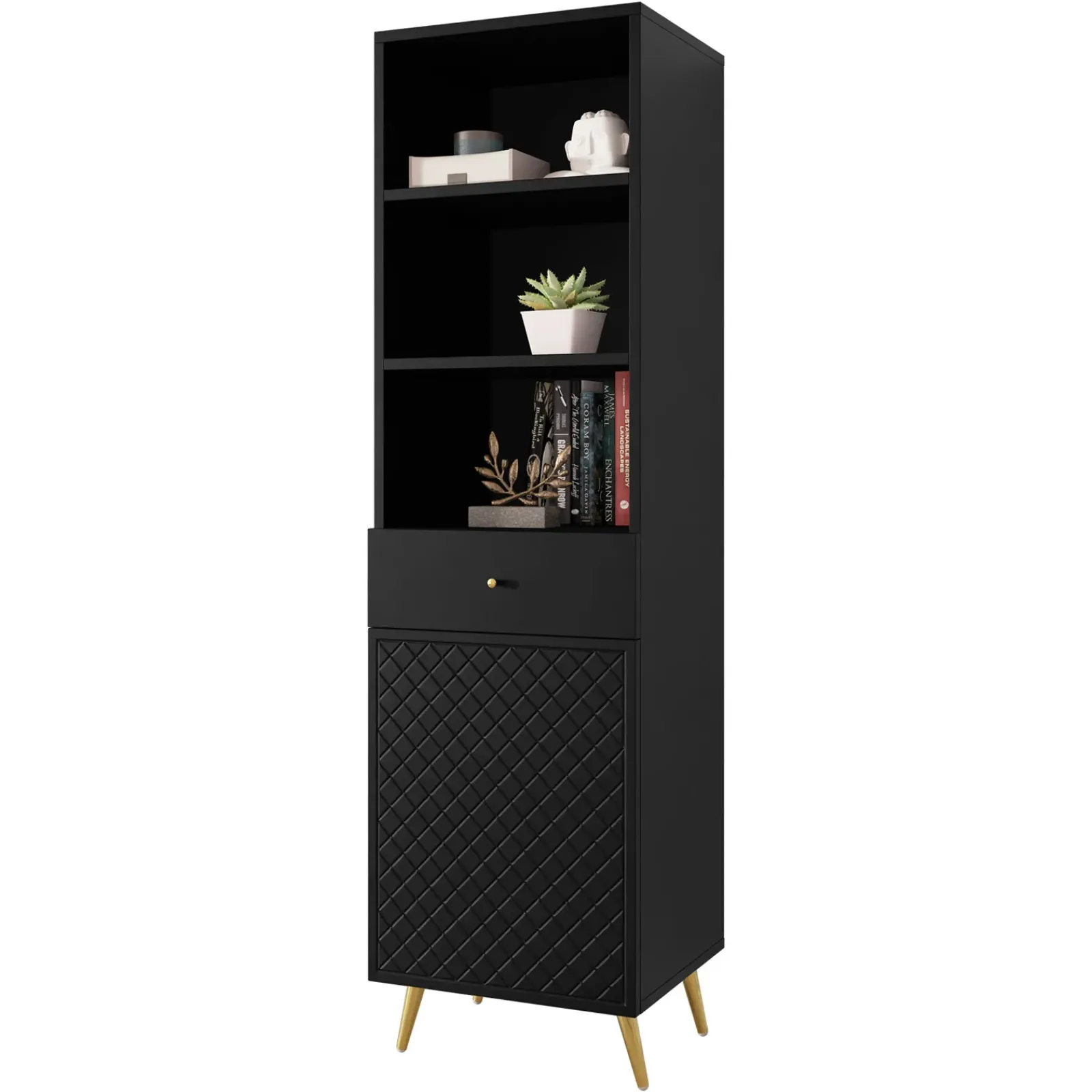Garnero Arredamenti Librerie|Librerie-Libreria 50x177h cm 1 anta 3 vani 1 cassetto con frontali decorati nero Simona Nero Opaco