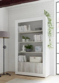Garnero Arredamenti Librerie|Librerie-Libreria 110x190h cm 2 ante con ripiani moderna bianco lucido bianco frassinato Florena Bianco Frassinato - Bianco Lucido