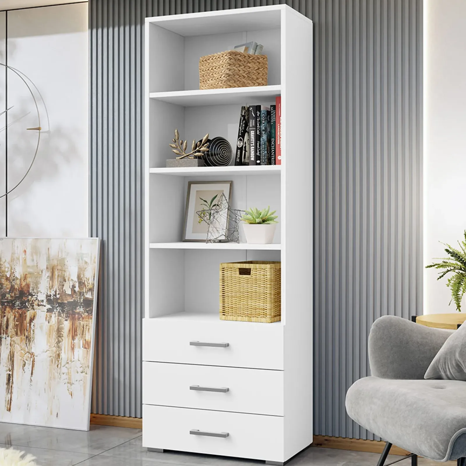 Garnero Arredamenti Librerie Ufficio|Librerie-Libreria 63x190h cm 3 cassetti design moderno bianco Pastello