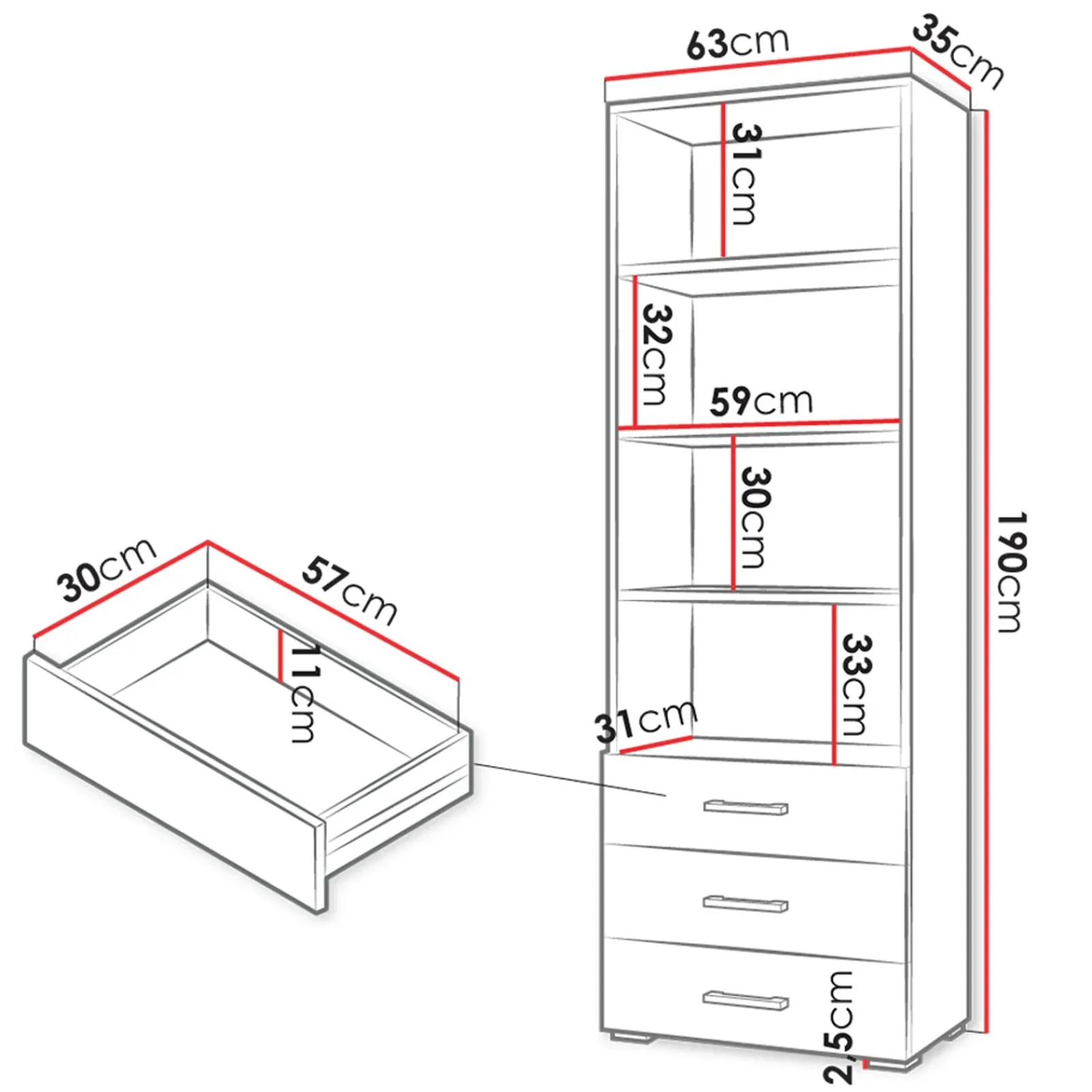 Garnero Arredamenti Librerie Ufficio|Librerie-Libreria 63x190h cm 3 cassetti design moderno bianco Pastello