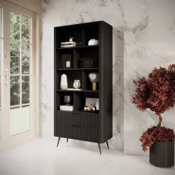 Garnero Arredamenti Librerie|Librerie-Libreria 88x194h cm 2 cassetti 8 vani a giorno cannettato Ramis Nero Opaco