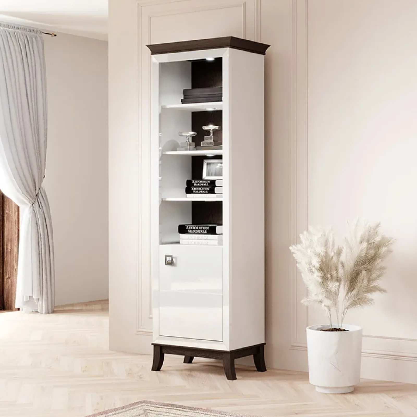 Garnero Arredamenti Librerie Ufficio|Librerie-Libreria 66x207h cm 4 ripiani moderna bianco lucido rovere scuro Umag Bianco Lucido - Wengè