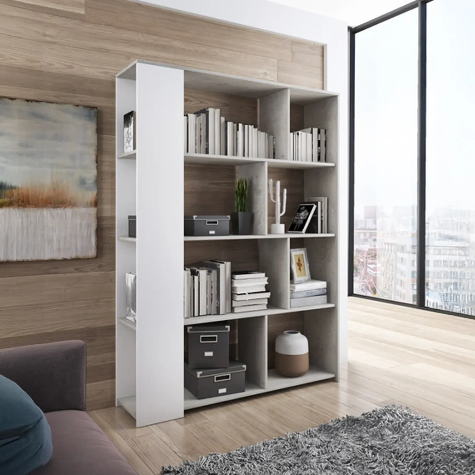 Garnero Arredamenti Librerie Ufficio|Librerie-Libreria 129x174h cm design bianco frassinato cemento Coleman