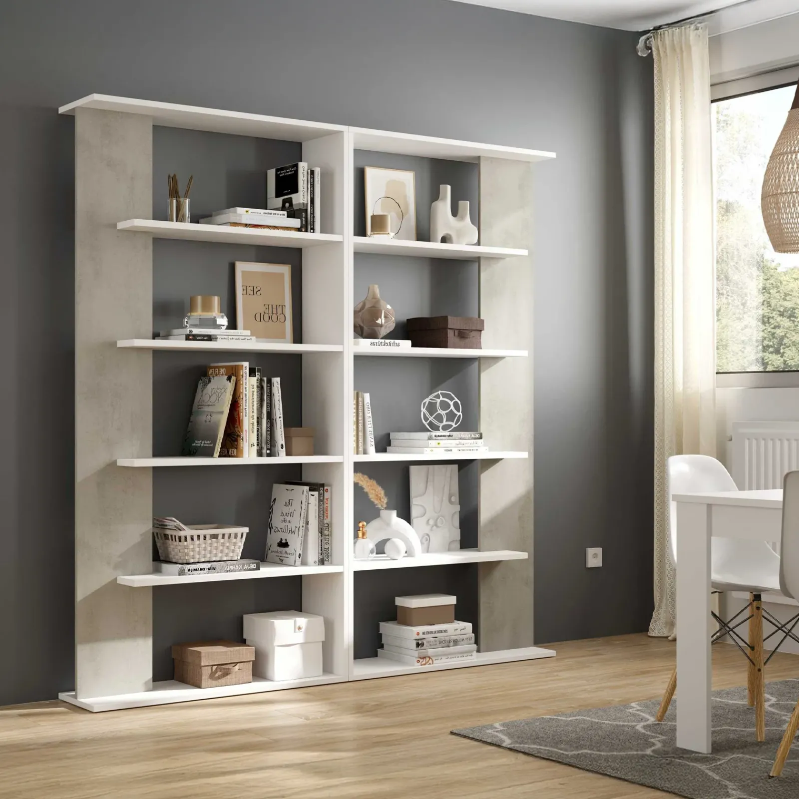 Garnero Arredamenti Librerie Ufficio|Librerie-Libreria 180x180h cm moderna design bianco opaco cemento Aline 2 Bianco Opaco - Cemento