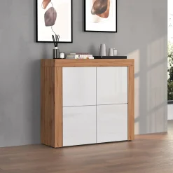 Garnero Arredamenti Credenza Alta|Credenze Moderne-Madia alta moderna 140x130h cm bianco lucido rovere Block Bianco Lucido - Rovere