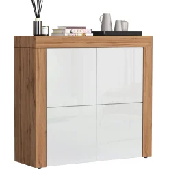 Garnero Arredamenti Credenza Alta|Credenze Moderne-Madia alta moderna 140x130h cm bianco lucido rovere Block Bianco Lucido - Rovere