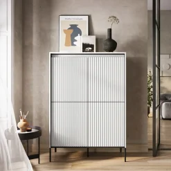 Garnero Arredamenti Credenza Alta-Madia alta 98x140h cm 4 ante con led cannettato nero Camelia Bianco Opaco