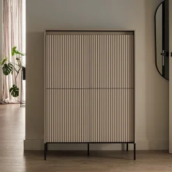 Garnero Arredamenti Credenza Alta-Madia alta 98x140h cm 4 ante con led cannettato nero Camelia Beige