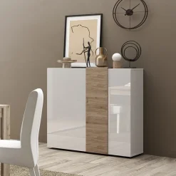 Garnero Arredamenti Credenza Alta|Madie Moderne-Madia alta 121x113h cm 2 ante moderna  bianco lucido rovere Universal Bianco Lucido - Rovere