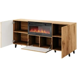 Garnero Arredamenti Camino Elettrico|Credenze Moderne-Madia con camino 181x83h cm moderno cannettato Essence Quercia