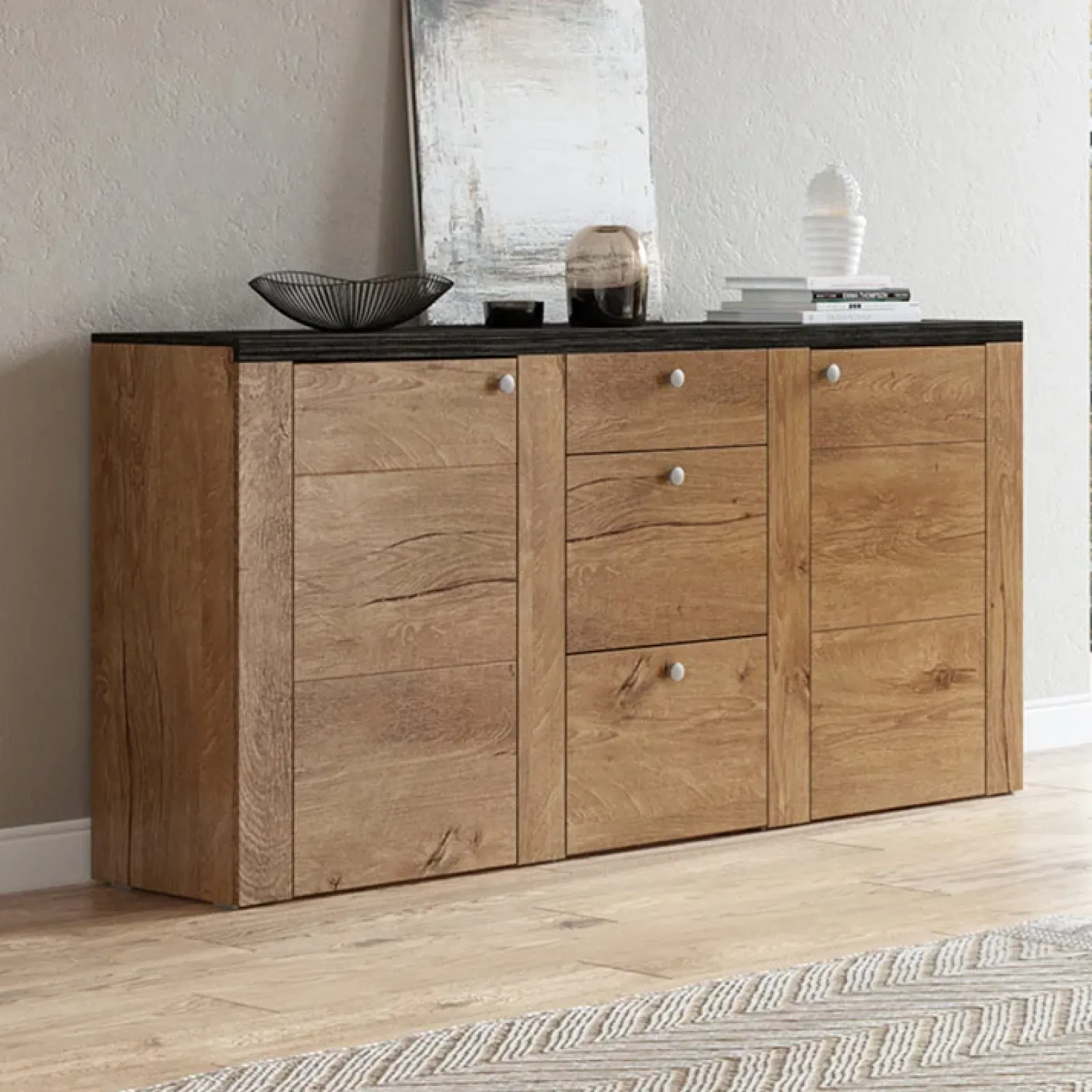 Garnero Arredamenti Credenze Moderne|Madie Moderne-Madia con cassetti 176x85h cm 2 ante quercia rovere grigio Paloma 2 Rovere - Antracite