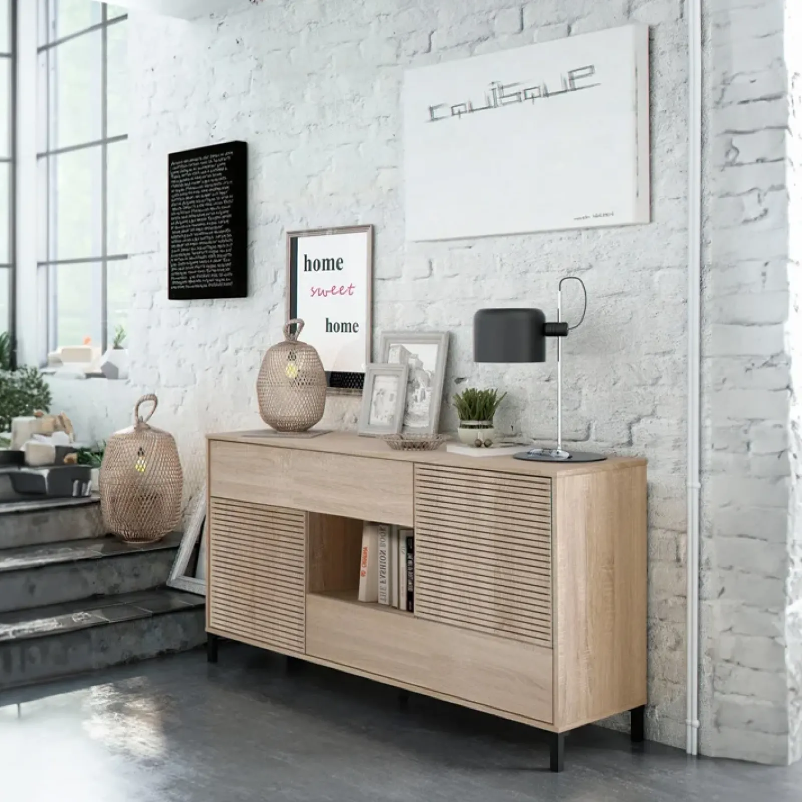 Garnero Arredamenti Credenze Moderne|Madie Moderne-Madia moderna 151x80h cm 2 ante industrial rovere cannettato Lopez