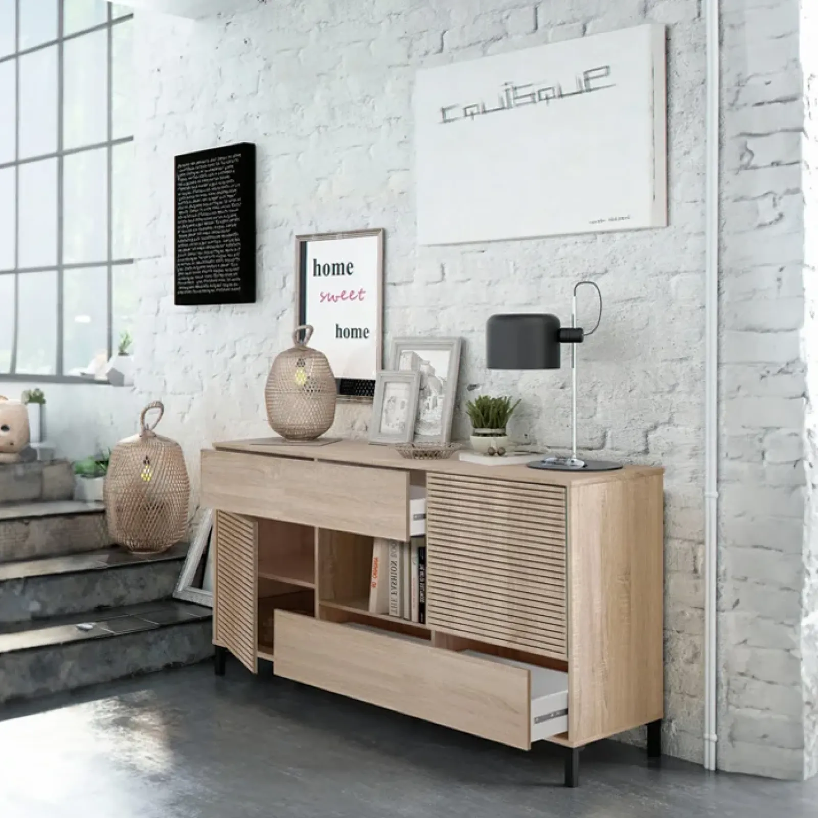 Garnero Arredamenti Credenze Moderne|Madie Moderne-Madia moderna 151x80h cm 2 ante industrial rovere cannettato Lopez