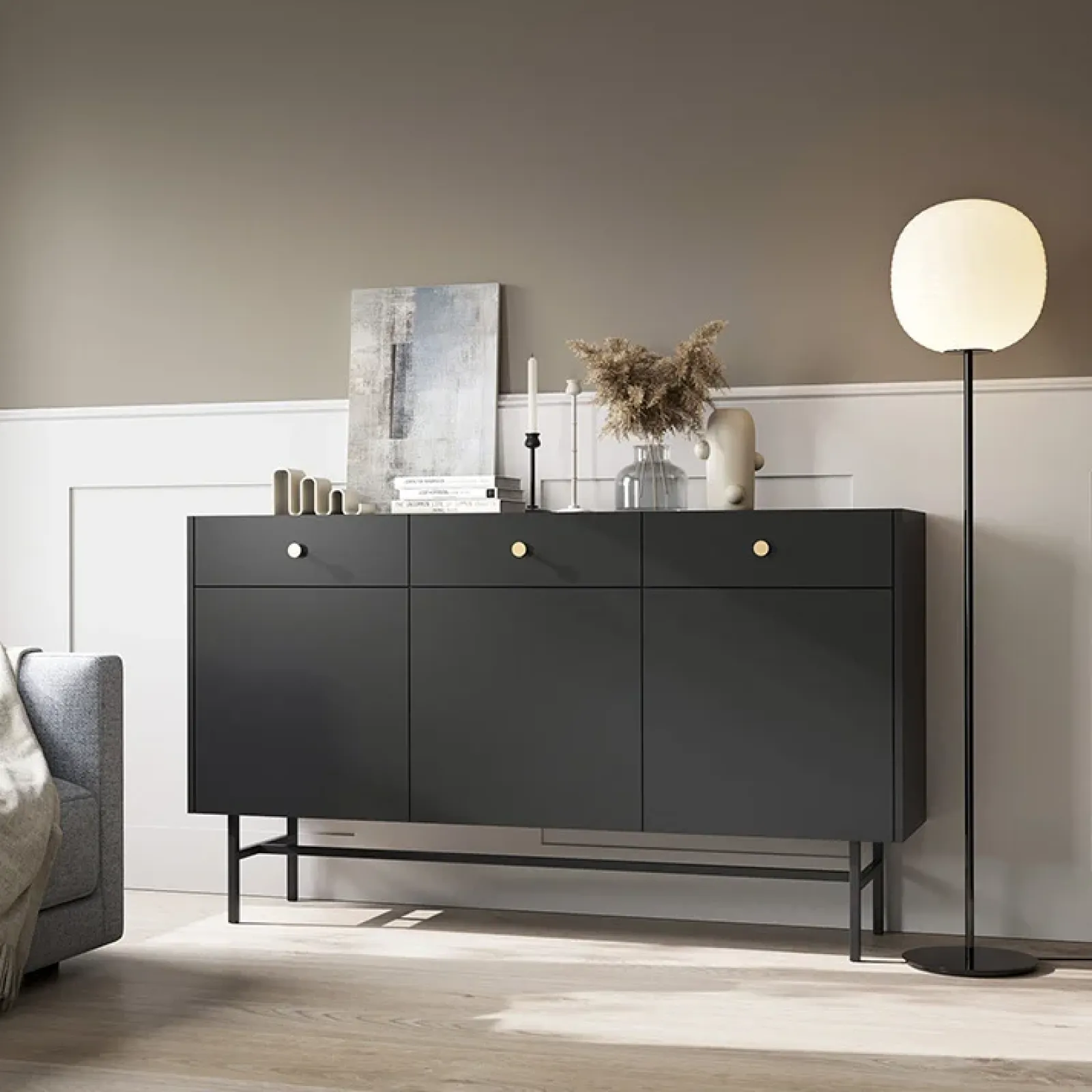 Garnero Arredamenti Credenze Moderne|Madie Moderne-Madia moderna 155x90h cm 3 ante 3 cassetti nero Eterna Nero Opaco