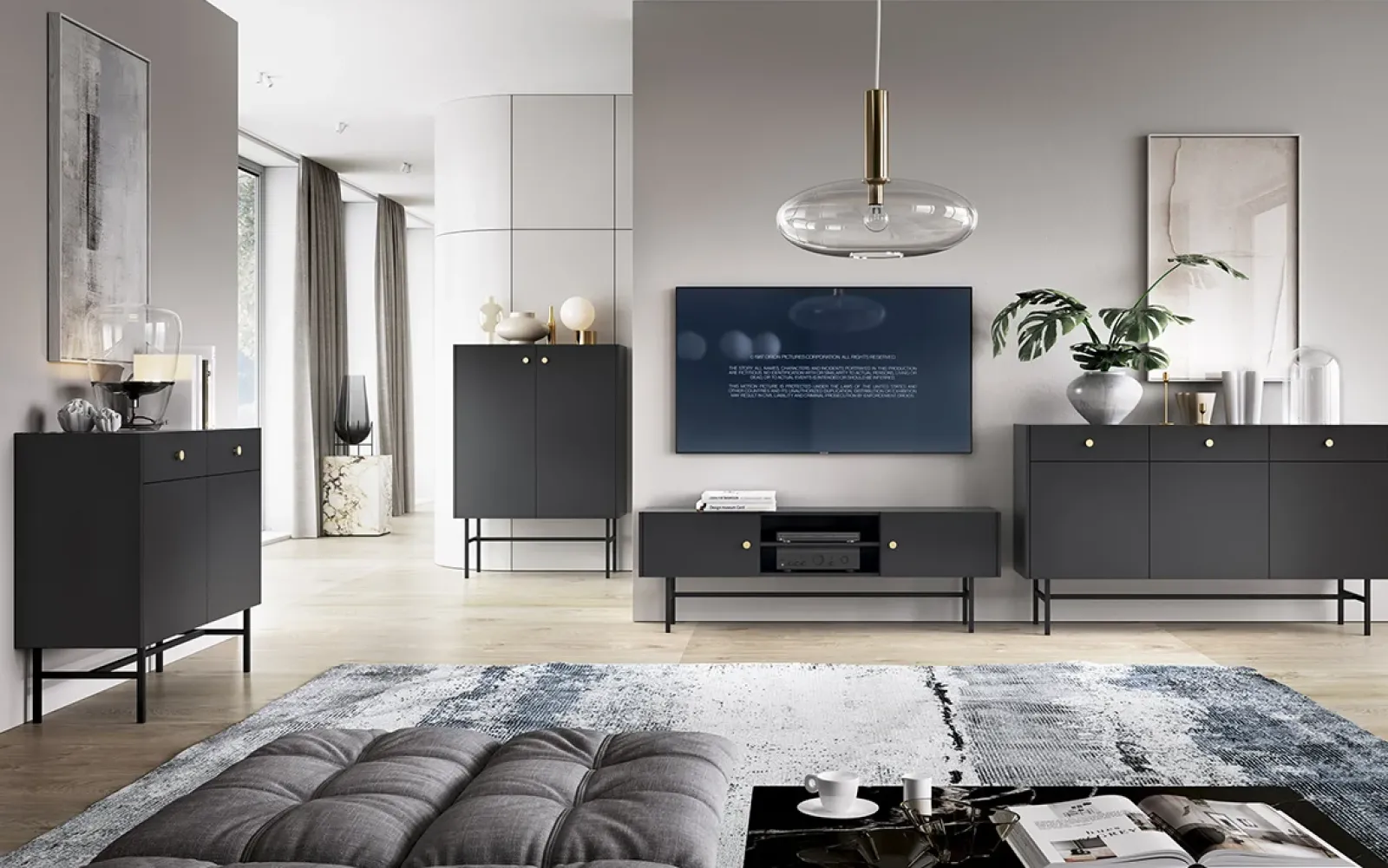 Garnero Arredamenti Credenze Moderne|Madie Moderne-Madia moderna 155x90h cm 3 ante 3 cassetti nero Eterna Nero Opaco