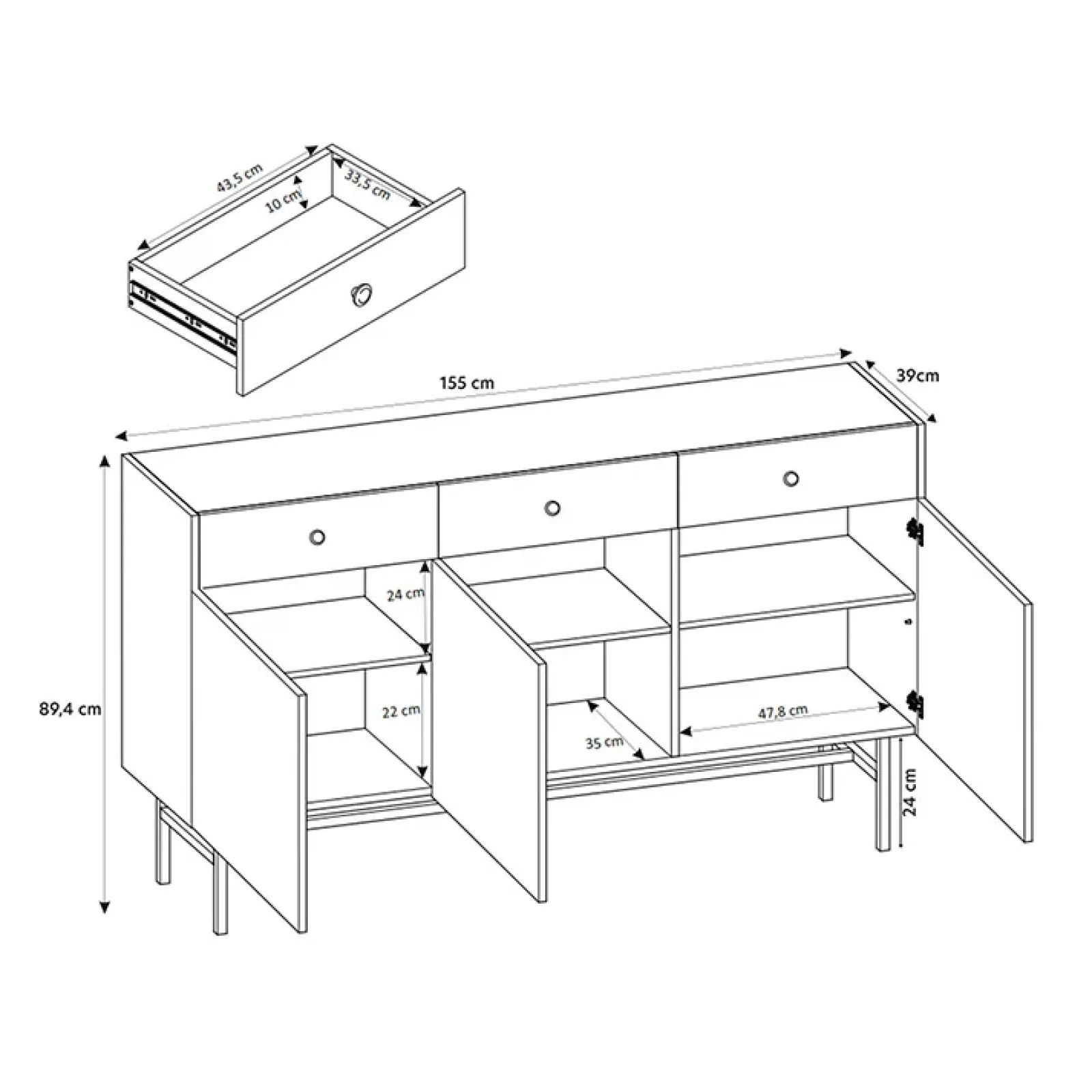 Garnero Arredamenti Credenze Moderne|Madie Moderne-Madia moderna 155x90h cm 3 ante 3 cassetti nero Eterna Nero Opaco