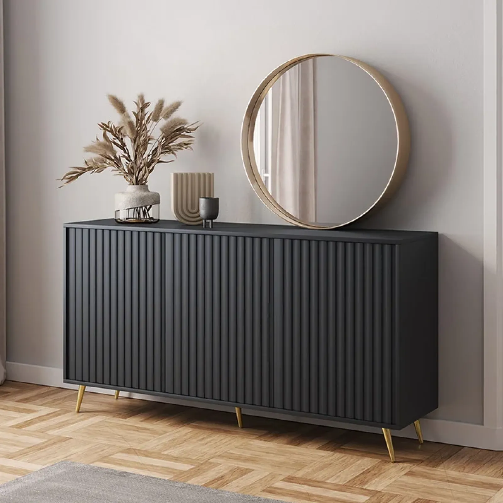 Garnero Arredamenti Credenze Moderne|Madie Moderne-Madia moderna 154x78h cm 3 ante nero cannettato Celestia Nero Opaco