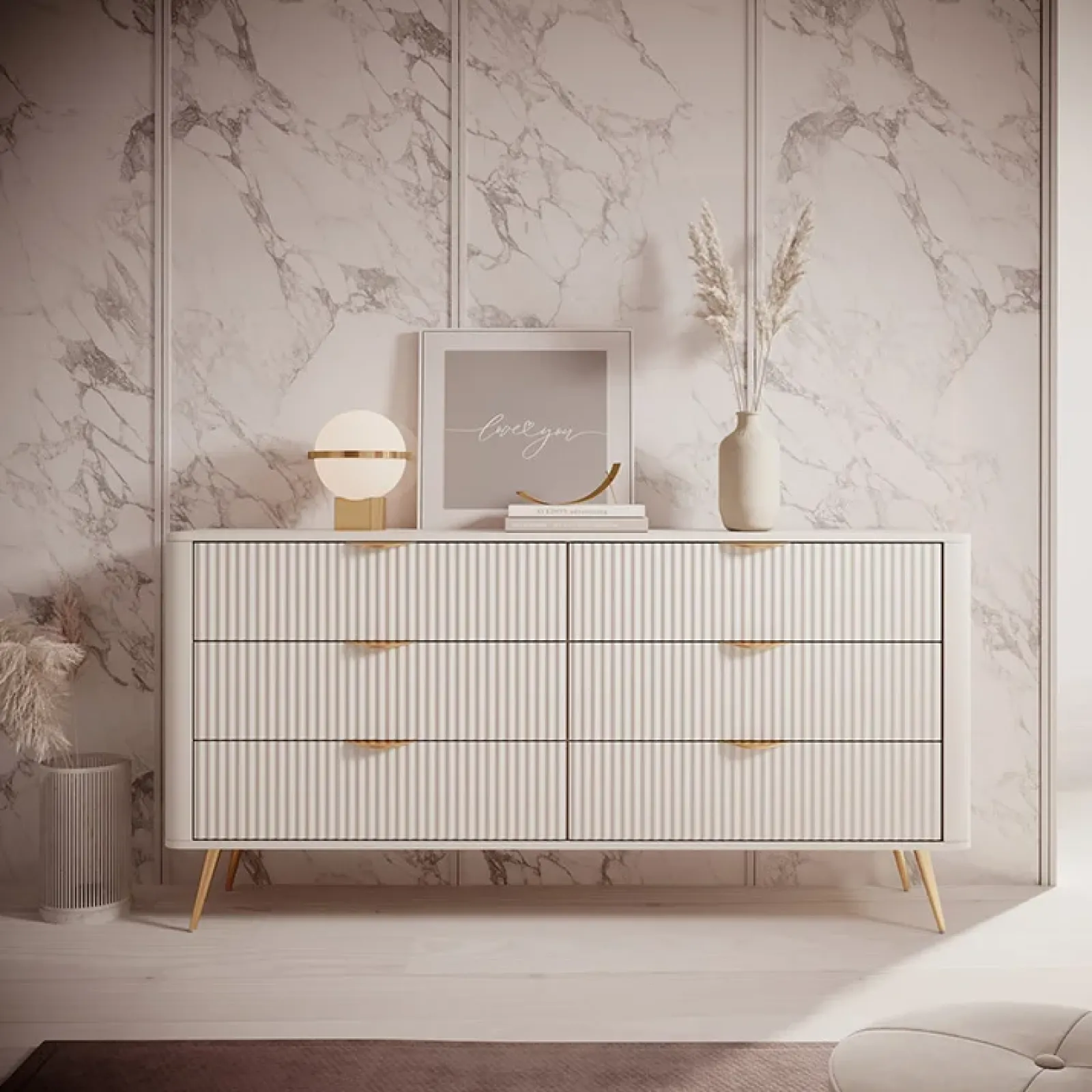 Garnero Arredamenti Cassettiera|Cassettiera-Madia moderna 163x81h cm 6 cassetti moderna cannettato Ramis Beige