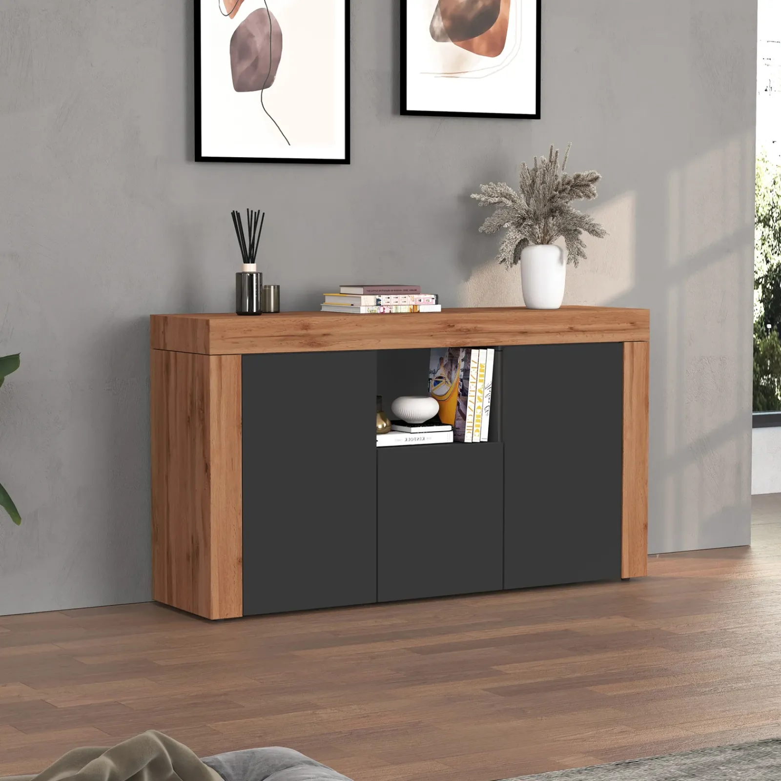 Garnero Arredamenti Credenze Moderne|Madie Moderne-Madia moderna 155x85h cm antracite rovere Block Antracite - Rovere