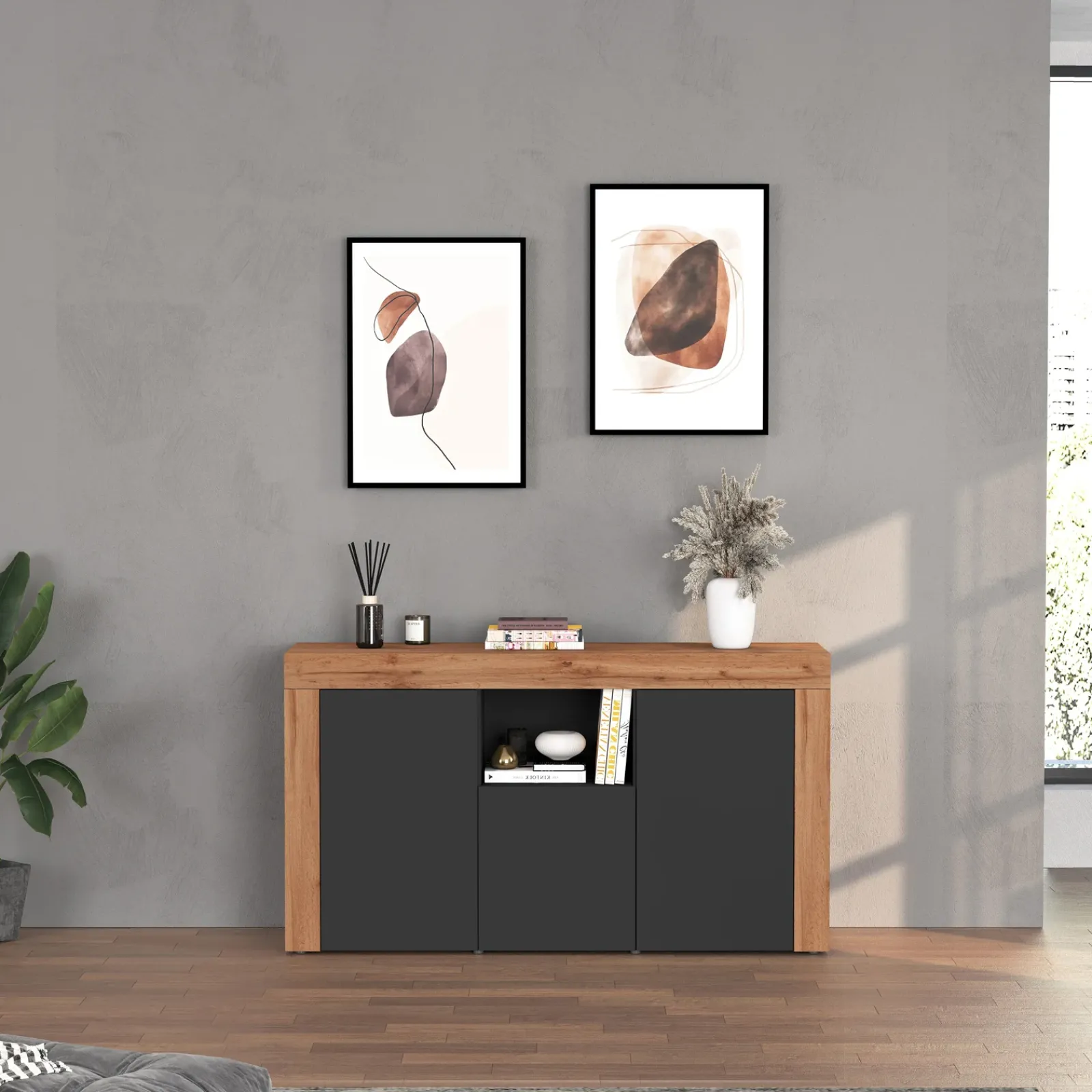 Garnero Arredamenti Credenze Moderne|Madie Moderne-Madia moderna 155x85h cm antracite rovere Block Antracite - Rovere