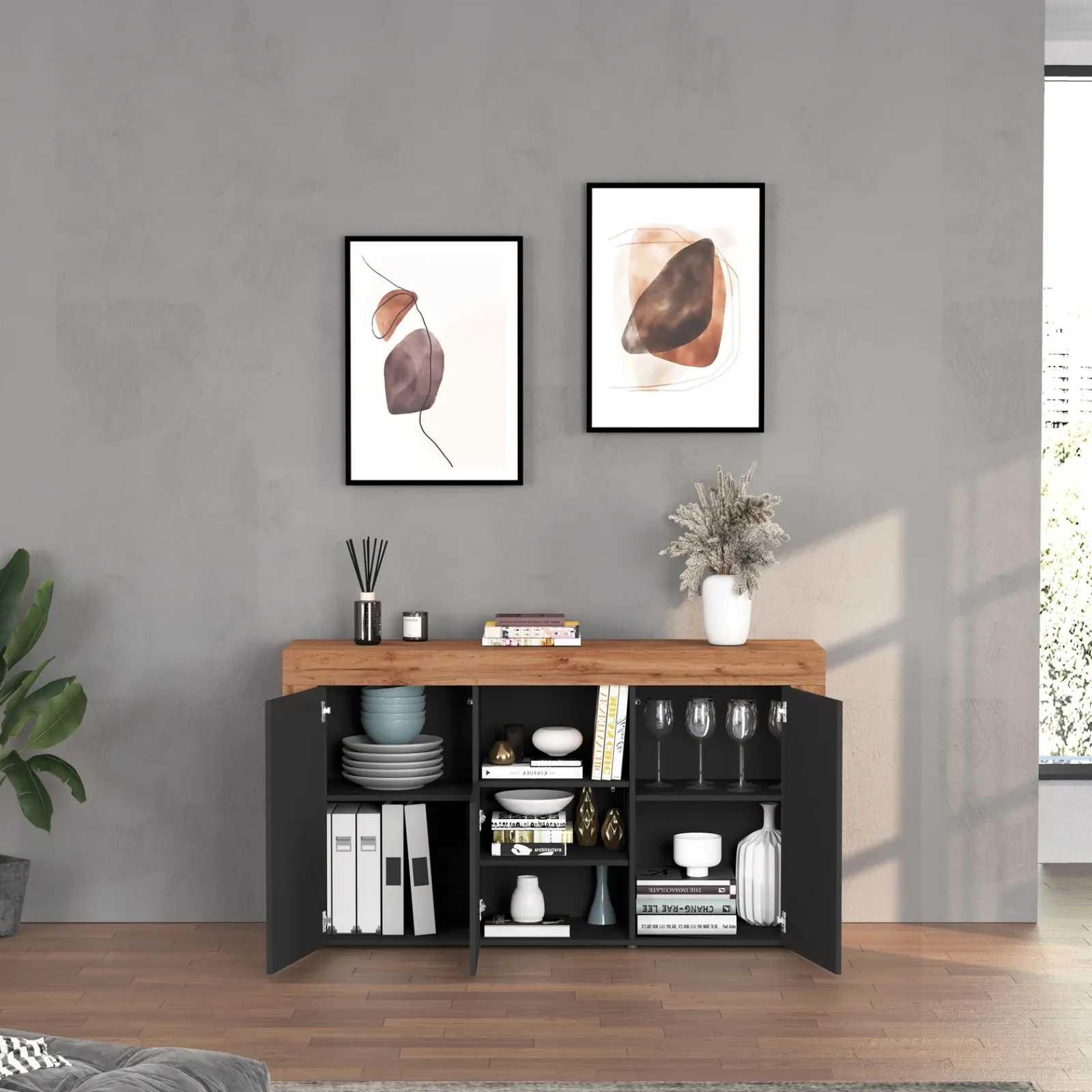 Garnero Arredamenti Credenze Moderne|Madie Moderne-Madia moderna 155x85h cm antracite rovere Block Antracite - Rovere