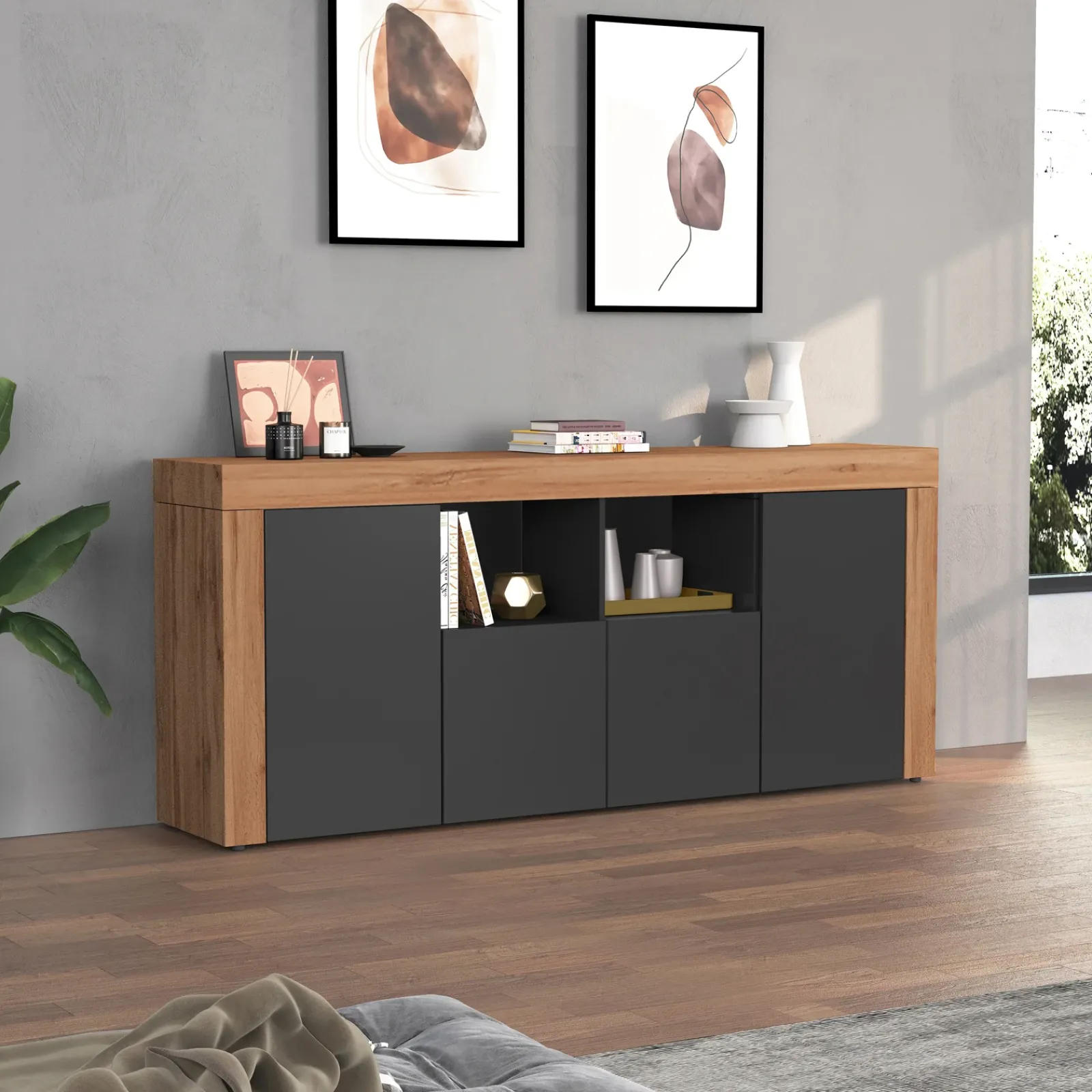 Garnero Arredamenti Credenze Moderne|Madie Moderne-Madia moderna 200x85h cm antracite rovere Block Antracite - Rovere