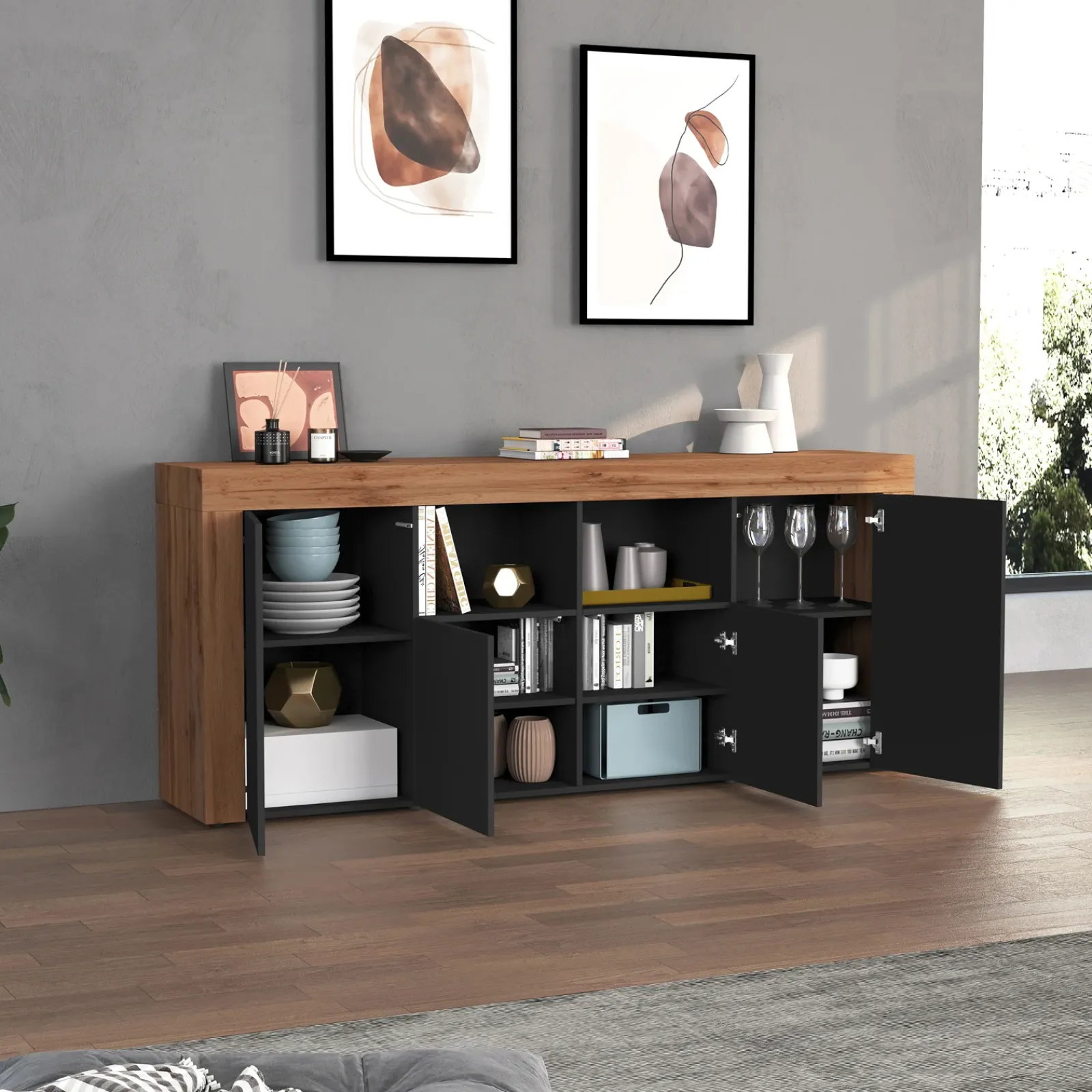 Garnero Arredamenti Credenze Moderne|Madie Moderne-Madia moderna 200x85h cm antracite rovere Block Antracite - Rovere