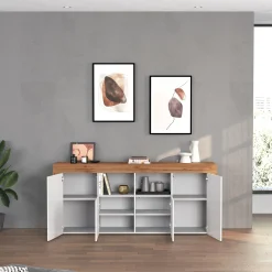 Garnero Arredamenti Credenze Moderne|Madie Moderne-Madia moderna 200x85h cm bianco lucido rovere Block Bianco Lucido - Rovere