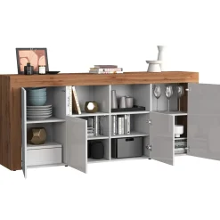 Garnero Arredamenti Credenze Moderne|Madie Moderne-Madia moderna 200x85h cm bianco lucido rovere Block Bianco Lucido - Rovere