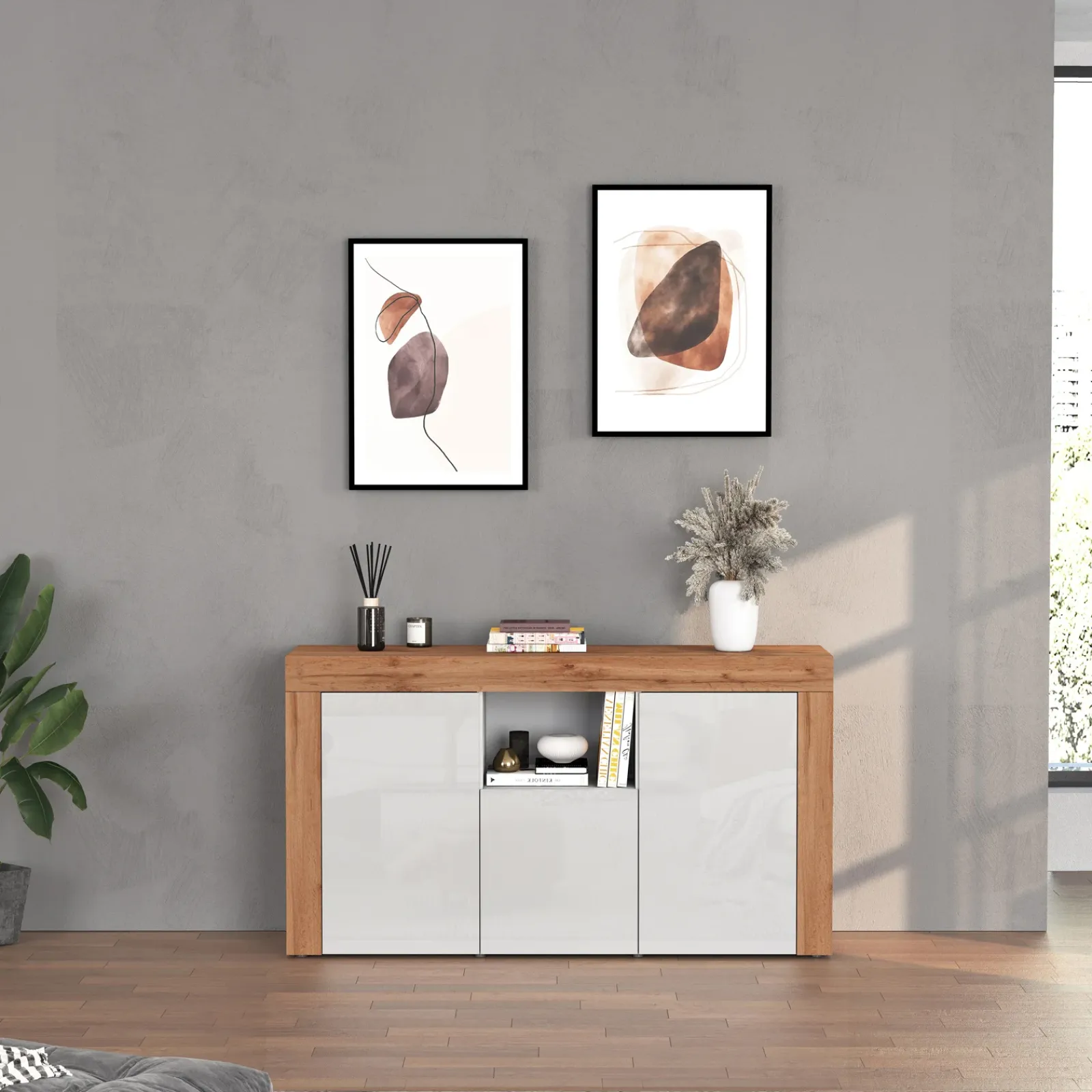 Garnero Arredamenti Credenze Moderne|Madie Moderne-Madia moderna 155x85h cm bianco lucido rovere Block Bianco Lucido - Rovere