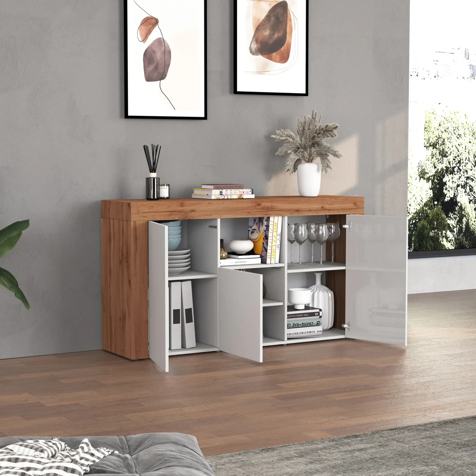 Garnero Arredamenti Credenze Moderne|Madie Moderne-Madia moderna 155x85h cm bianco lucido rovere Block Bianco Lucido - Rovere