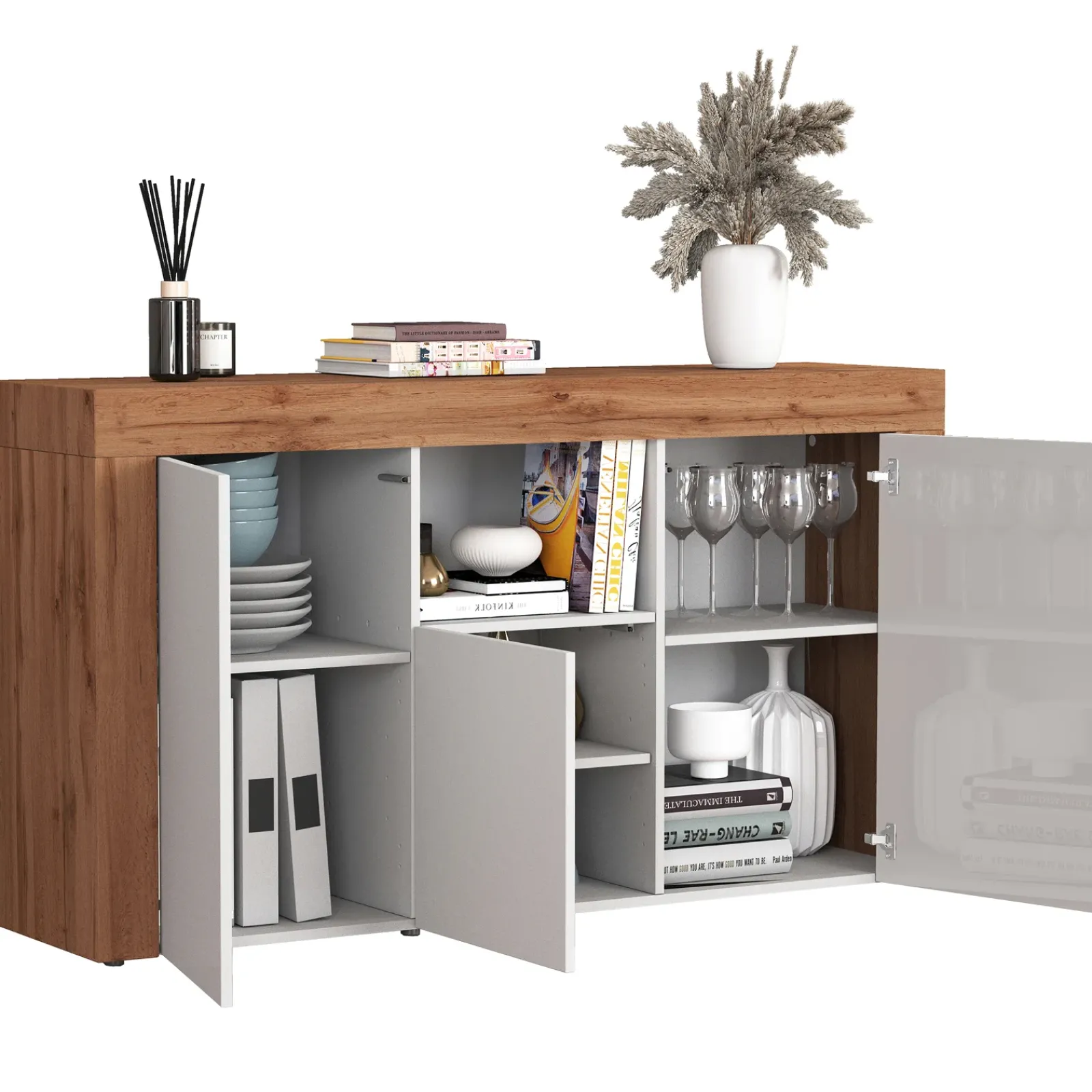 Garnero Arredamenti Credenze Moderne|Madie Moderne-Madia moderna 155x85h cm bianco lucido rovere Block Bianco Lucido - Rovere