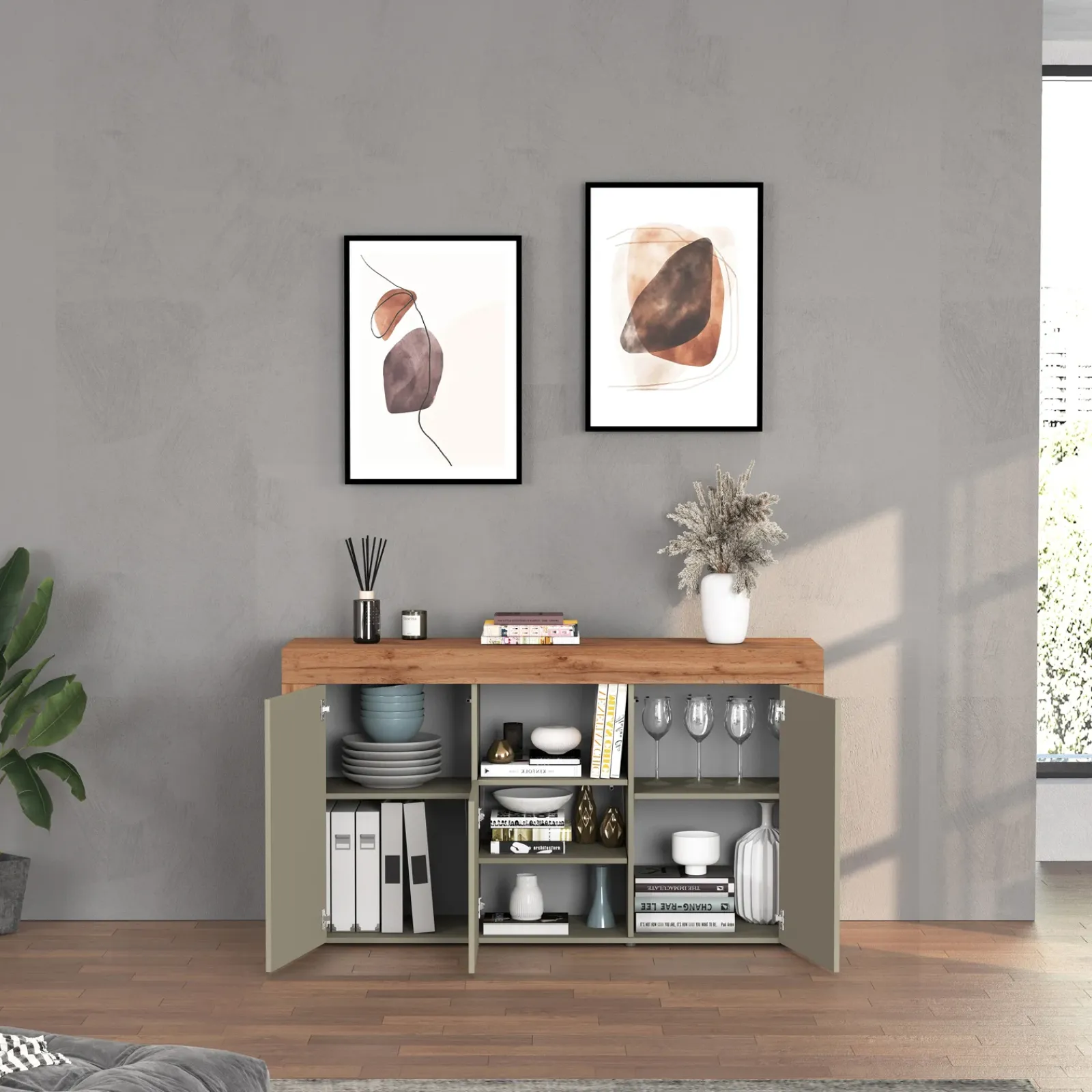 Garnero Arredamenti Credenze Moderne|Madie Moderne-Madia moderna 155x85h cm tortora rovere Block Tortora - Rovere