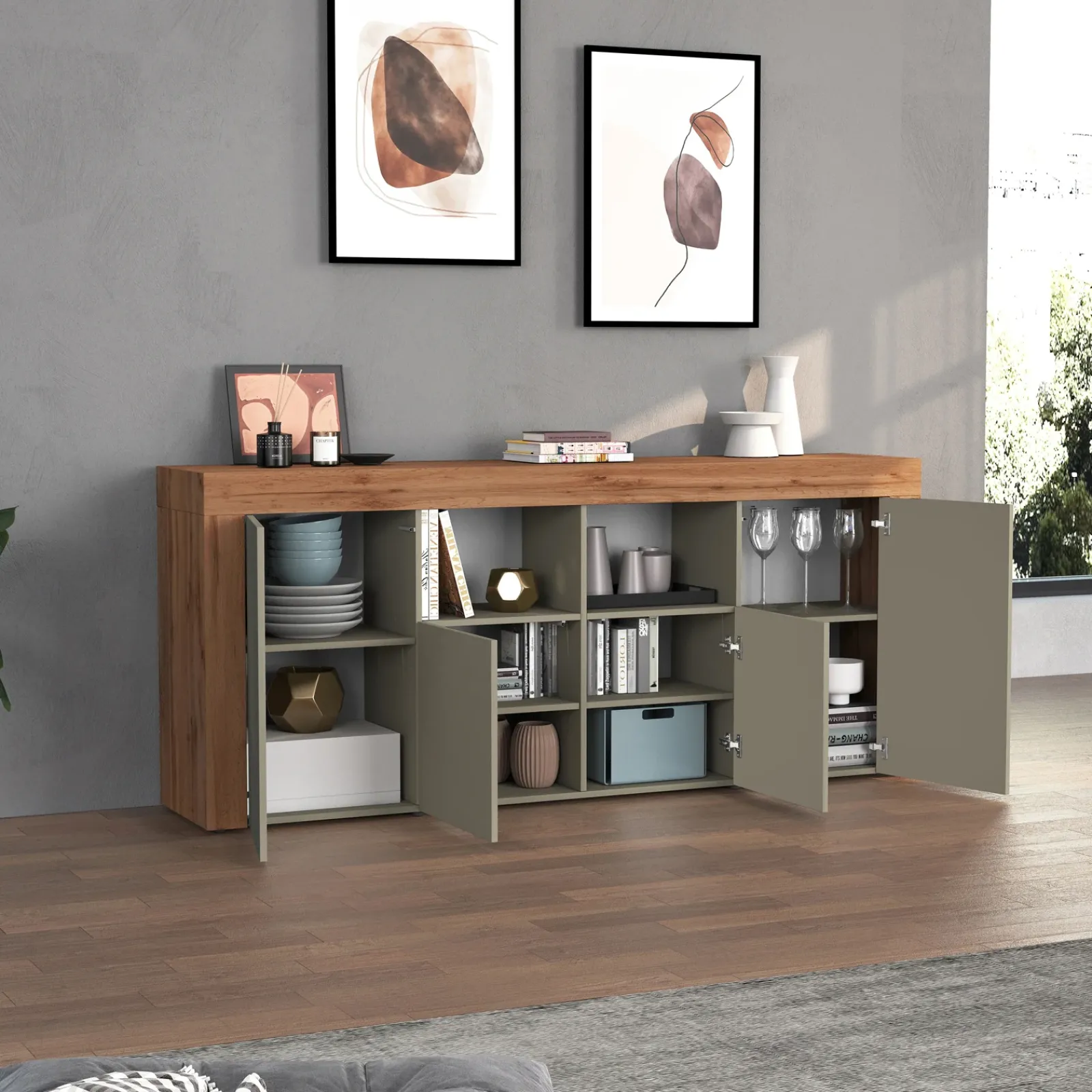 Garnero Arredamenti Credenze Moderne|Madie Moderne-Madia moderna 200x85h cm tortora rovere Block Tortora - Rovere