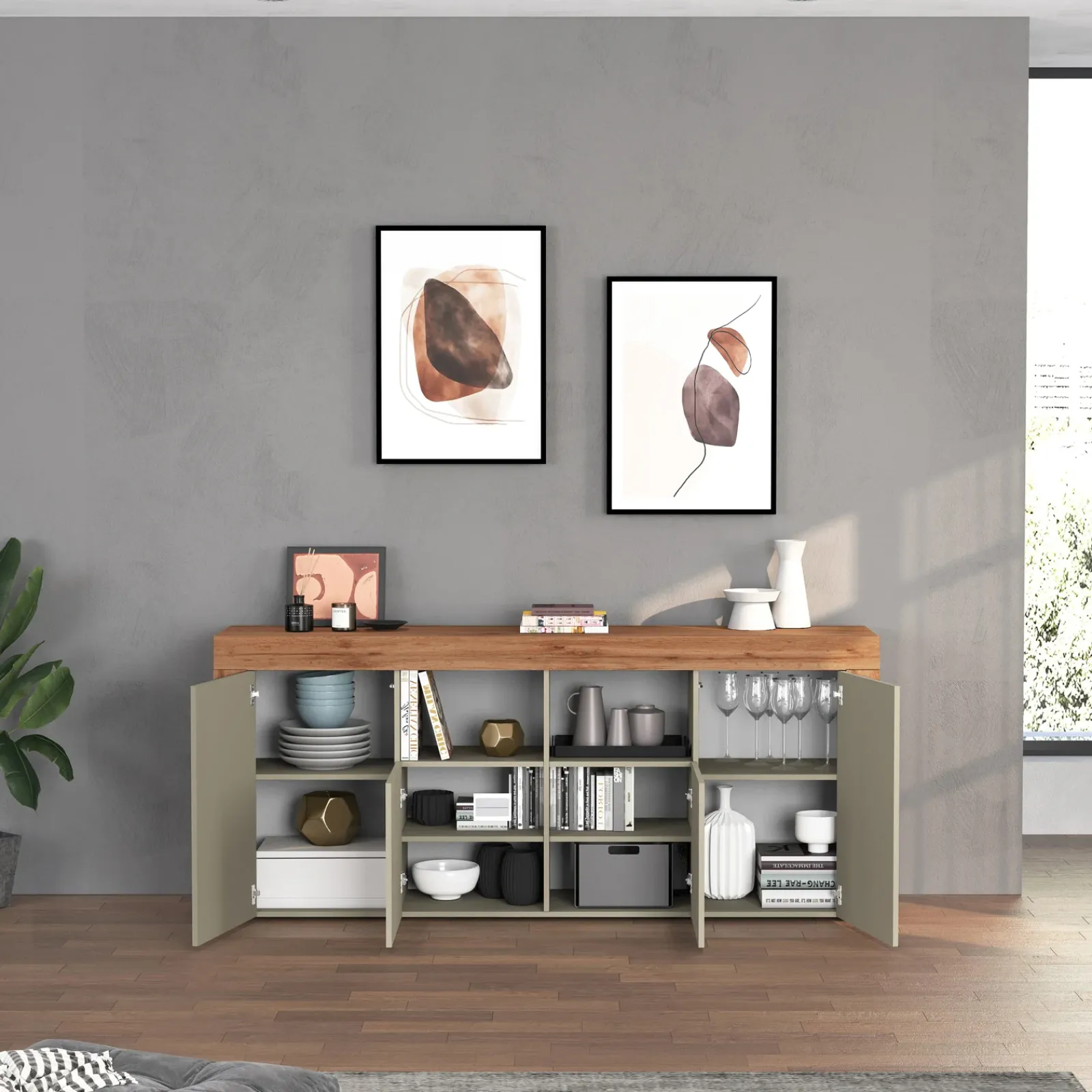 Garnero Arredamenti Credenze Moderne|Madie Moderne-Madia moderna 200x85h cm tortora rovere Block Tortora - Rovere