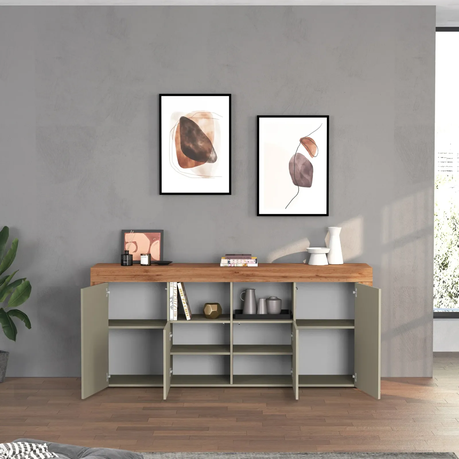 Garnero Arredamenti Credenze Moderne|Madie Moderne-Madia moderna 200x85h cm tortora rovere Block Tortora - Rovere