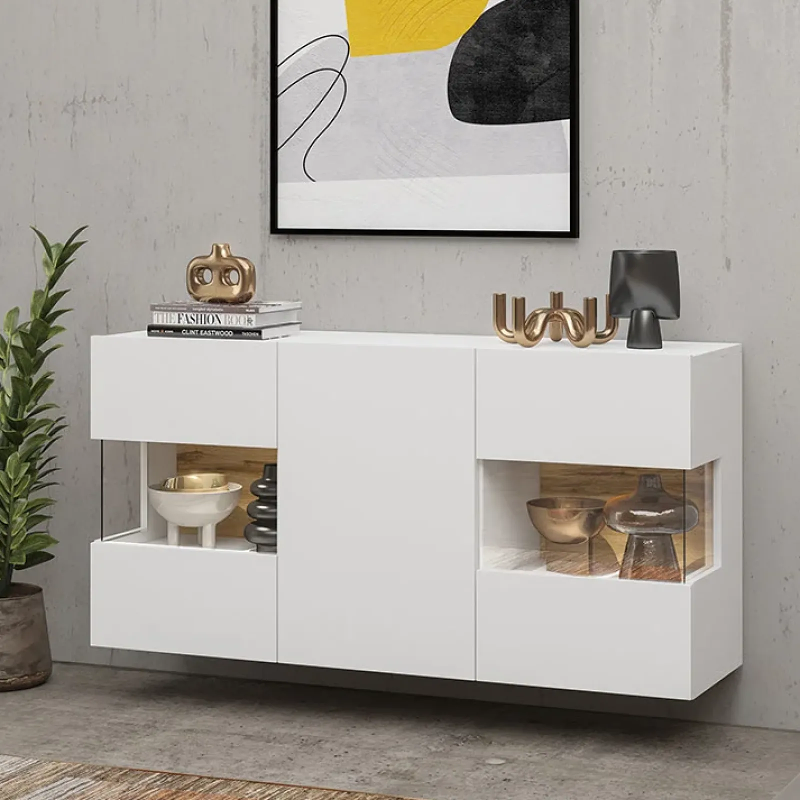 Garnero Arredamenti Credenze Moderne|Madie Moderne-Madia sospesa 120x62h cm moderna bianco rovere Fusion