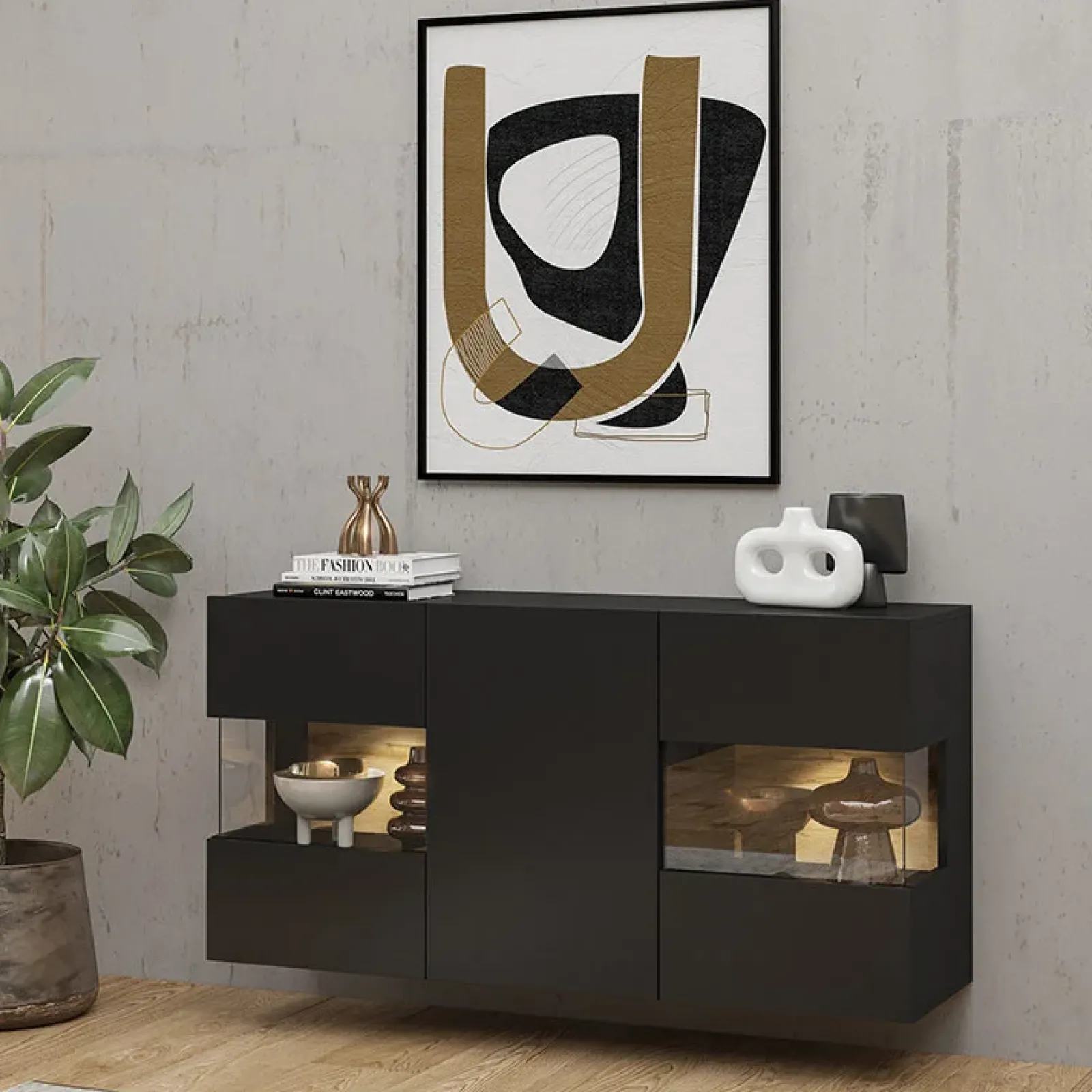 Garnero Arredamenti Credenze Moderne|Madie Moderne-Madia sospesa 120x62h cm moderna nero rovere Fusion