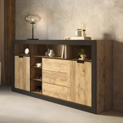 Garnero Arredamenti Credenze Moderne|Madie Moderne-Madia 220x110 h cm 2 ante 3 cassetti 6 vani a giorno rovere rustico nero Ilyssa