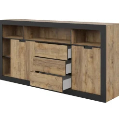 Garnero Arredamenti Credenze Moderne|Madie Moderne-Madia 220x110 h cm 2 ante 3 cassetti 6 vani a giorno rovere rustico nero Ilyssa