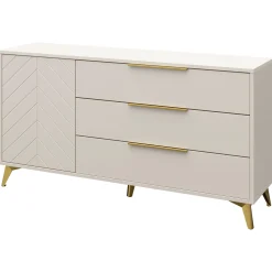 Garnero Arredamenti Madie Moderne|Madie Moderne-Madia 154x80h cm 1 anta 6 cassetti beige con frontali serigrafati Miriam