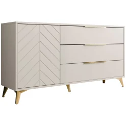 Garnero Arredamenti Madie Moderne|Madie Moderne-Madia 154x80h cm 1 anta 6 cassetti beige con frontali serigrafati Miriam