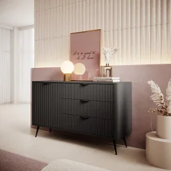 Garnero Arredamenti Madie Moderne|Madie Moderne-Madia 138x81h cm 1 anta 3 cassetti cannettato Ramis Nero Opaco