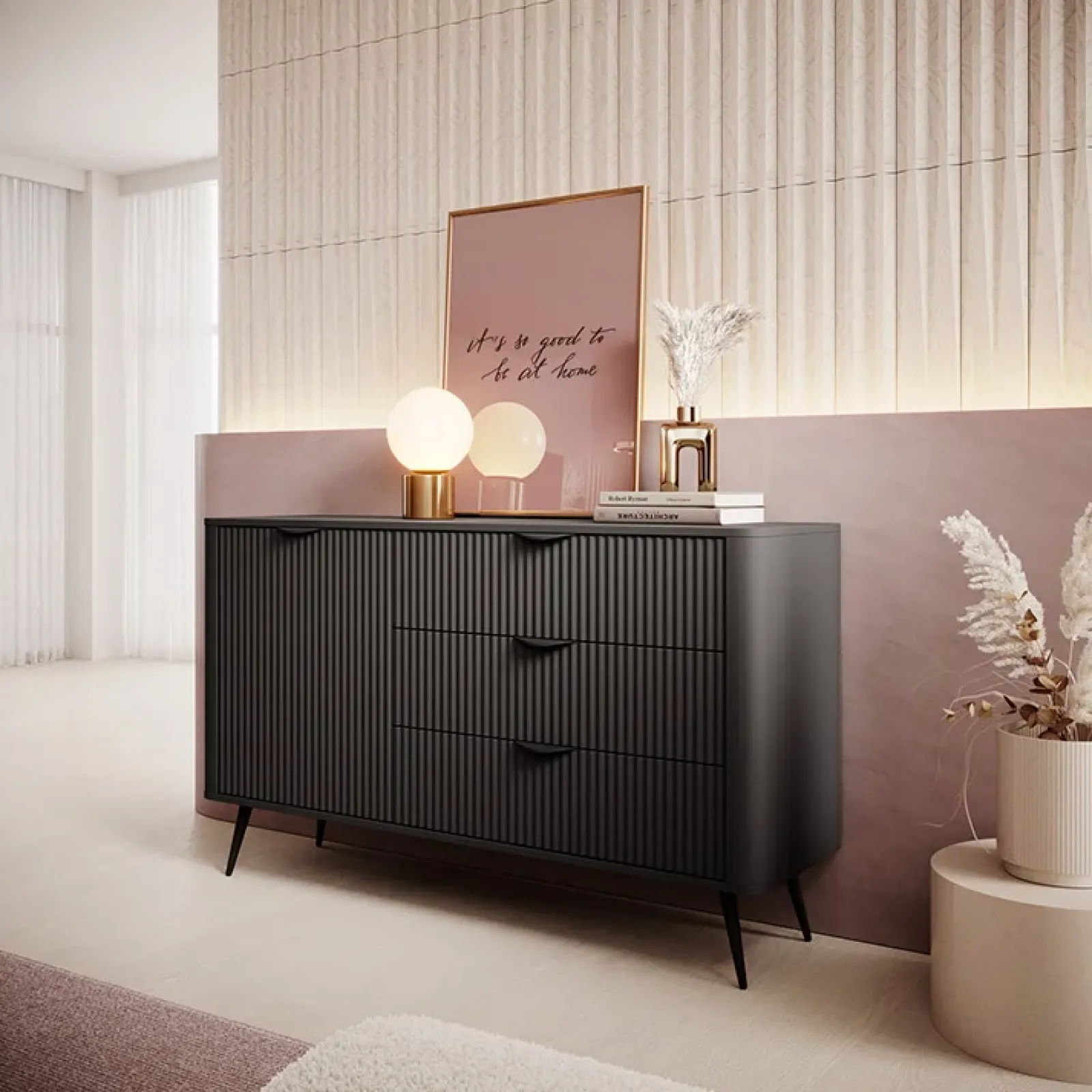 Garnero Arredamenti Madie Moderne|Madie Moderne-Madia 138x81h cm 1 anta 3 cassetti cannettato Ramis Nero Opaco