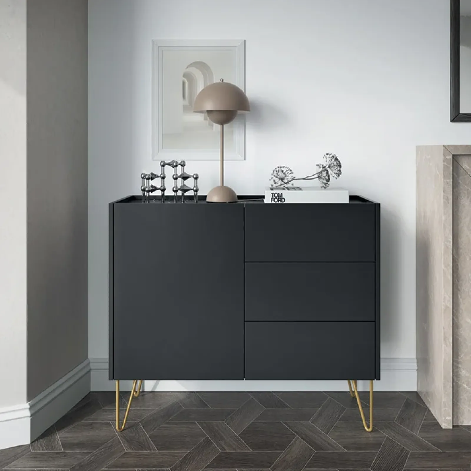 Garnero Arredamenti Madie Moderne|Madie Moderne-Madia 97x83h cm 1 anta 3 cassetti moderna nero effetto marmo Sirena