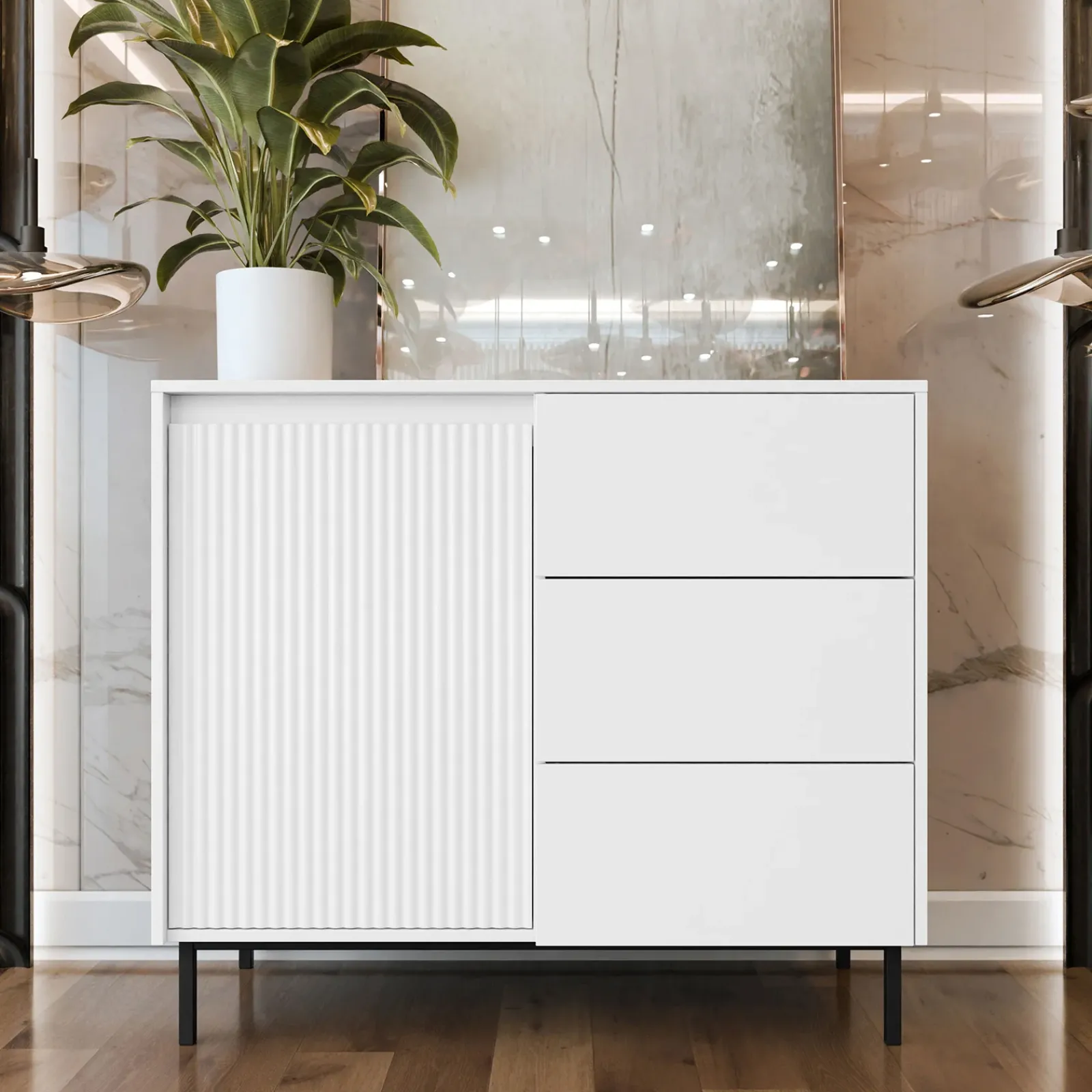 Garnero Arredamenti Credenze Moderne|Madie Moderne-Madia 103x90h cm 1 anta 3 cassetti design cannettato bianco Strike Bianco Opaco